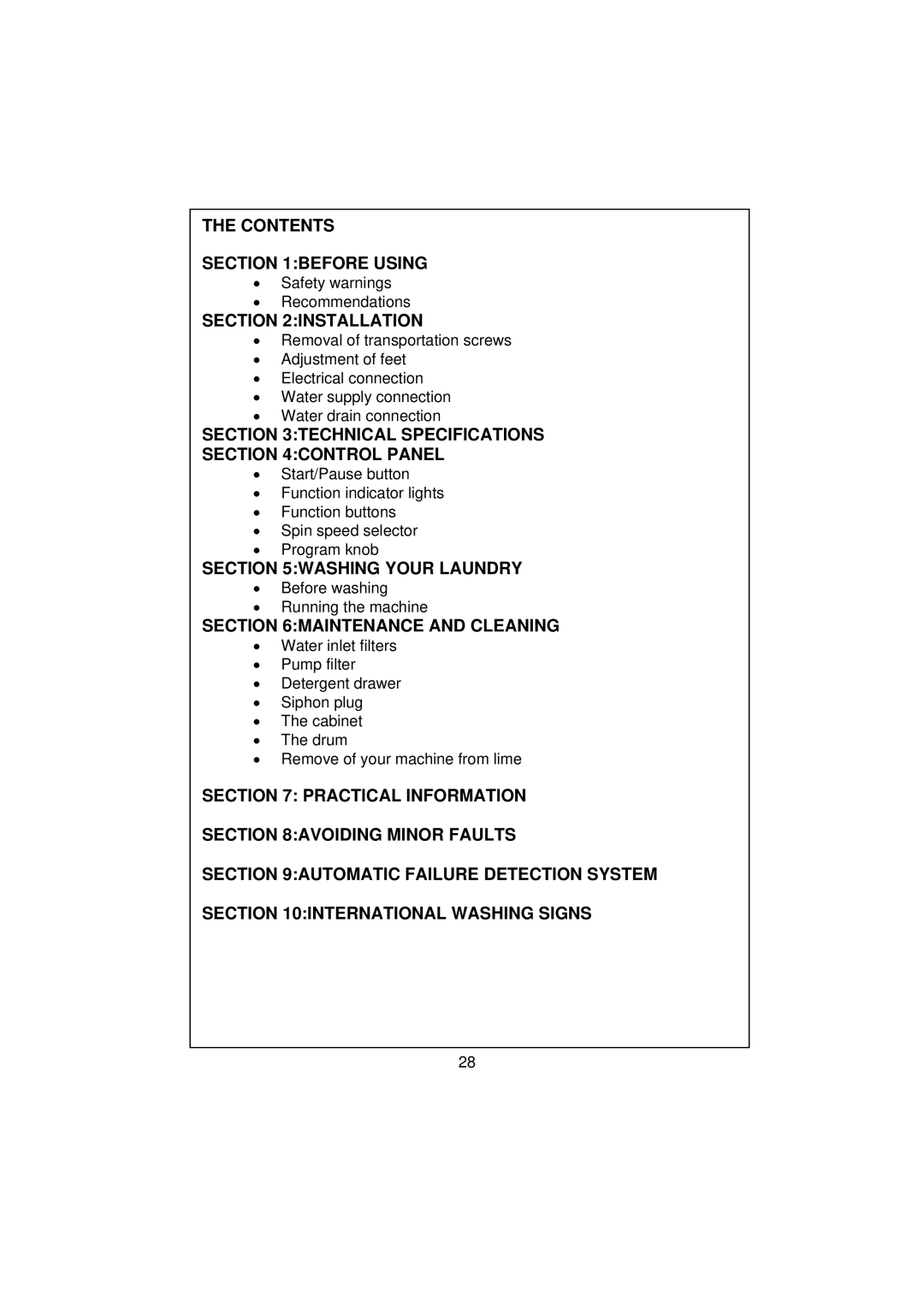 Smeg WM40T-1 technical specifications Contents Before Using, Installation, Technical Specifications Control Panel 