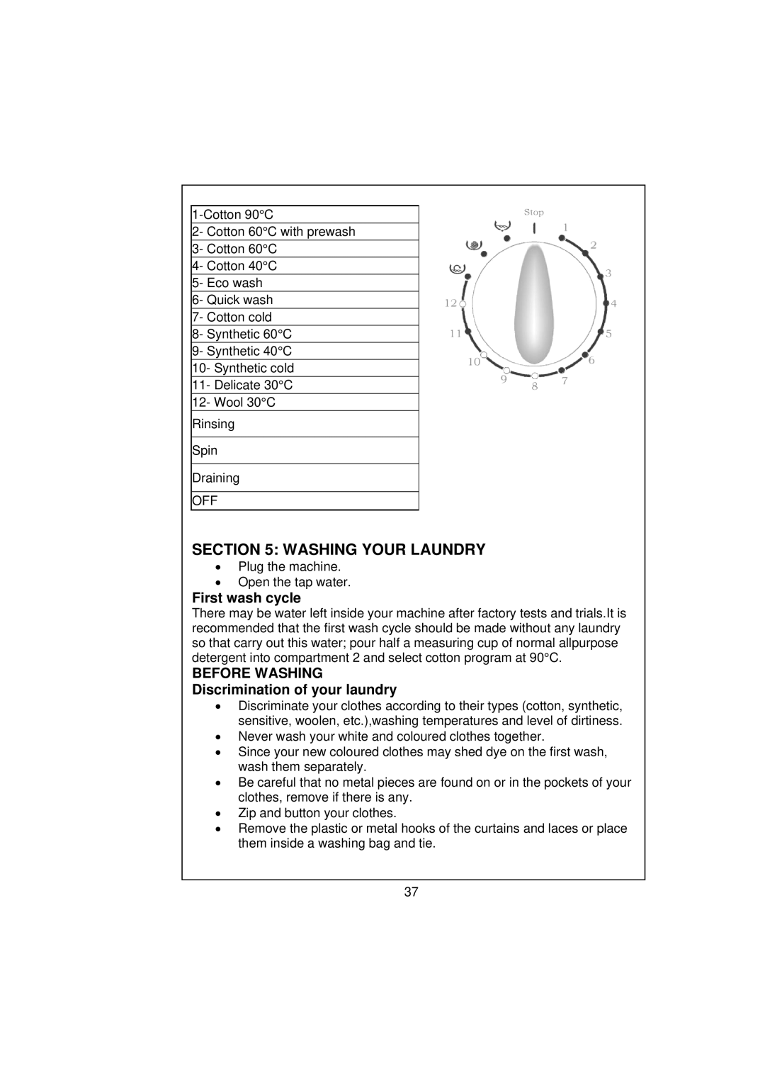 Smeg WM40T-1 technical specifications Washing Your Laundry, First wash cycle, Before Washing Discrimination of your laundry 