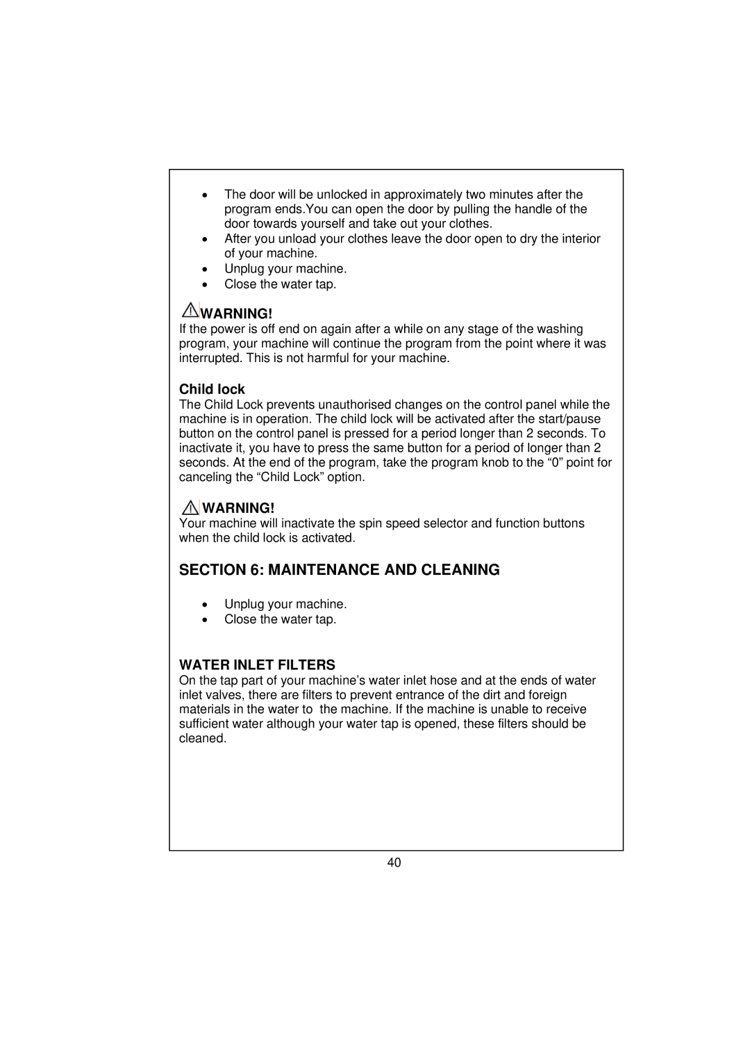 Smeg WM40T-1 technical specifications Maintenance and Cleaning, Child lock, Water Inlet Filters 