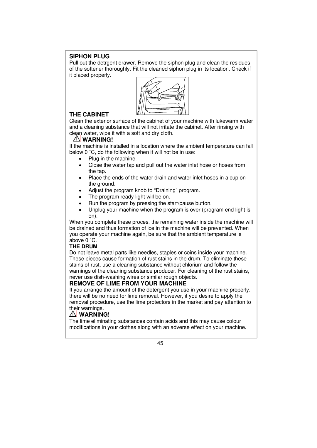 Smeg WM40T-1 technical specifications Siphon Plug, Cabinet, Remove of Lime from Your Machine, Drum 