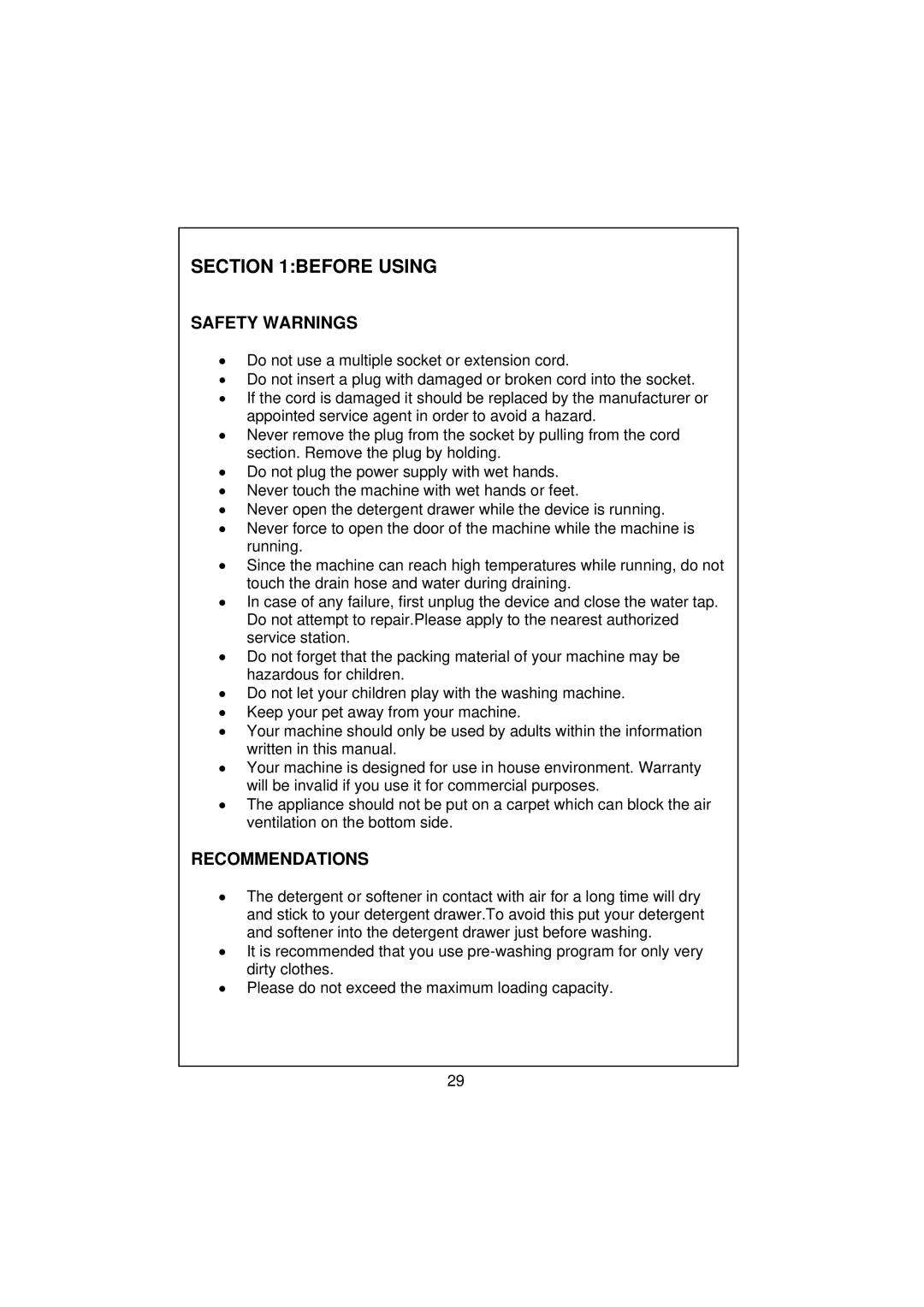 Smeg WM40T-1 technical specifications Before Using, Safety Warnings, Recommendations 