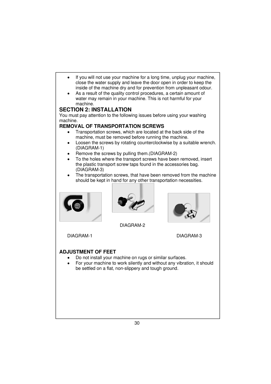 Smeg WM40T-1 technical specifications Installation, Removal of Transportation Screws, Adjustment of Feet 