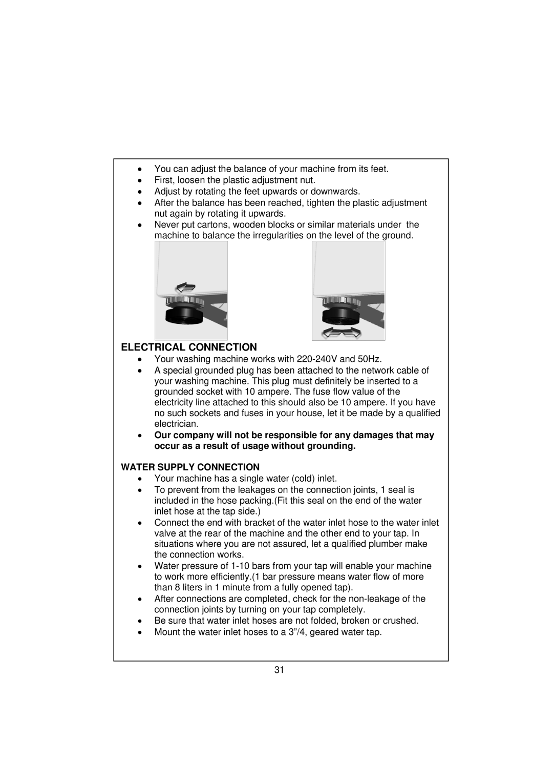 Smeg WM40T-1 technical specifications Electrical Connection, Water Supply Connection 