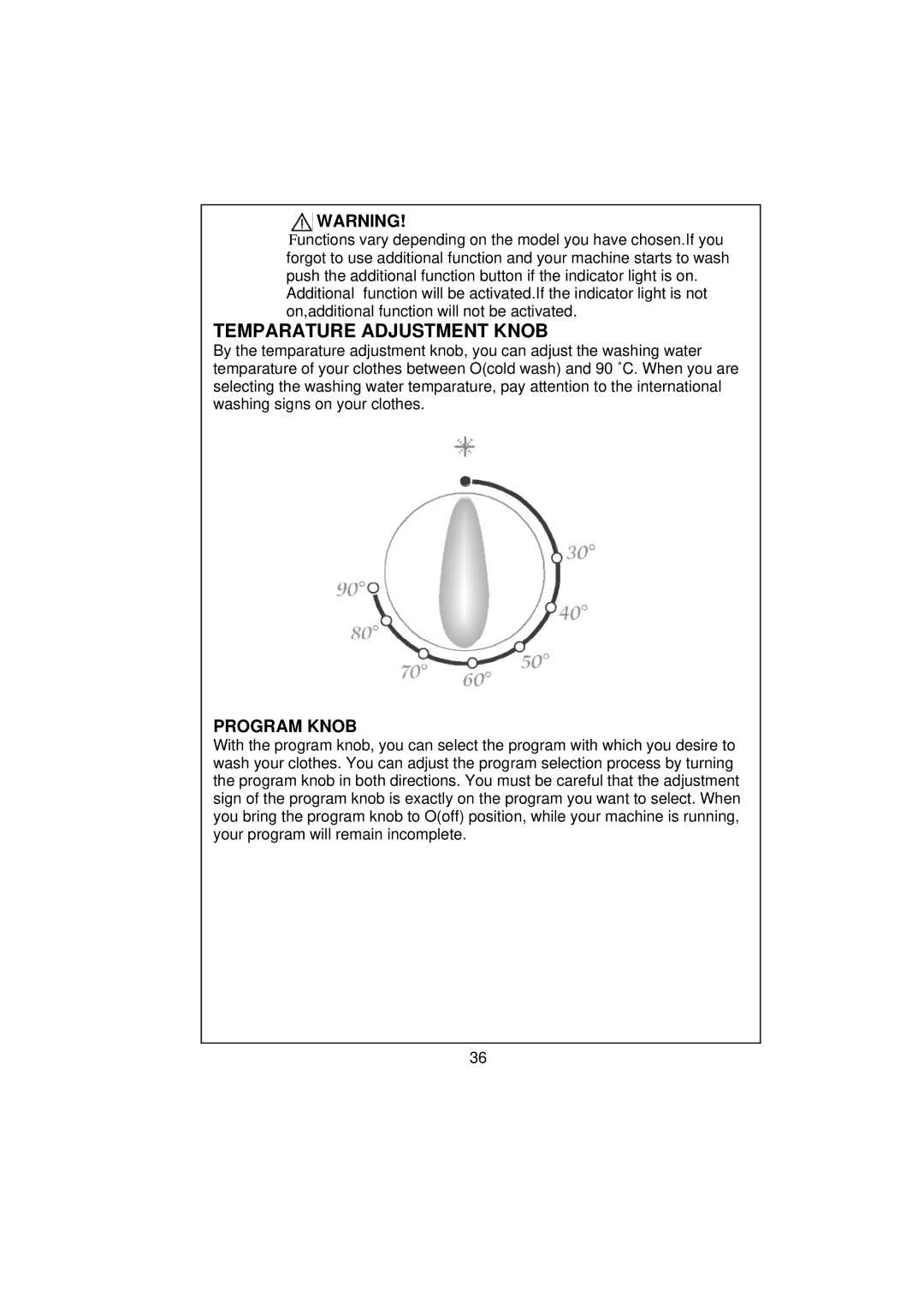 Smeg WM40T-1 technical specifications Temparature Adjustment Knob, Program Knob 