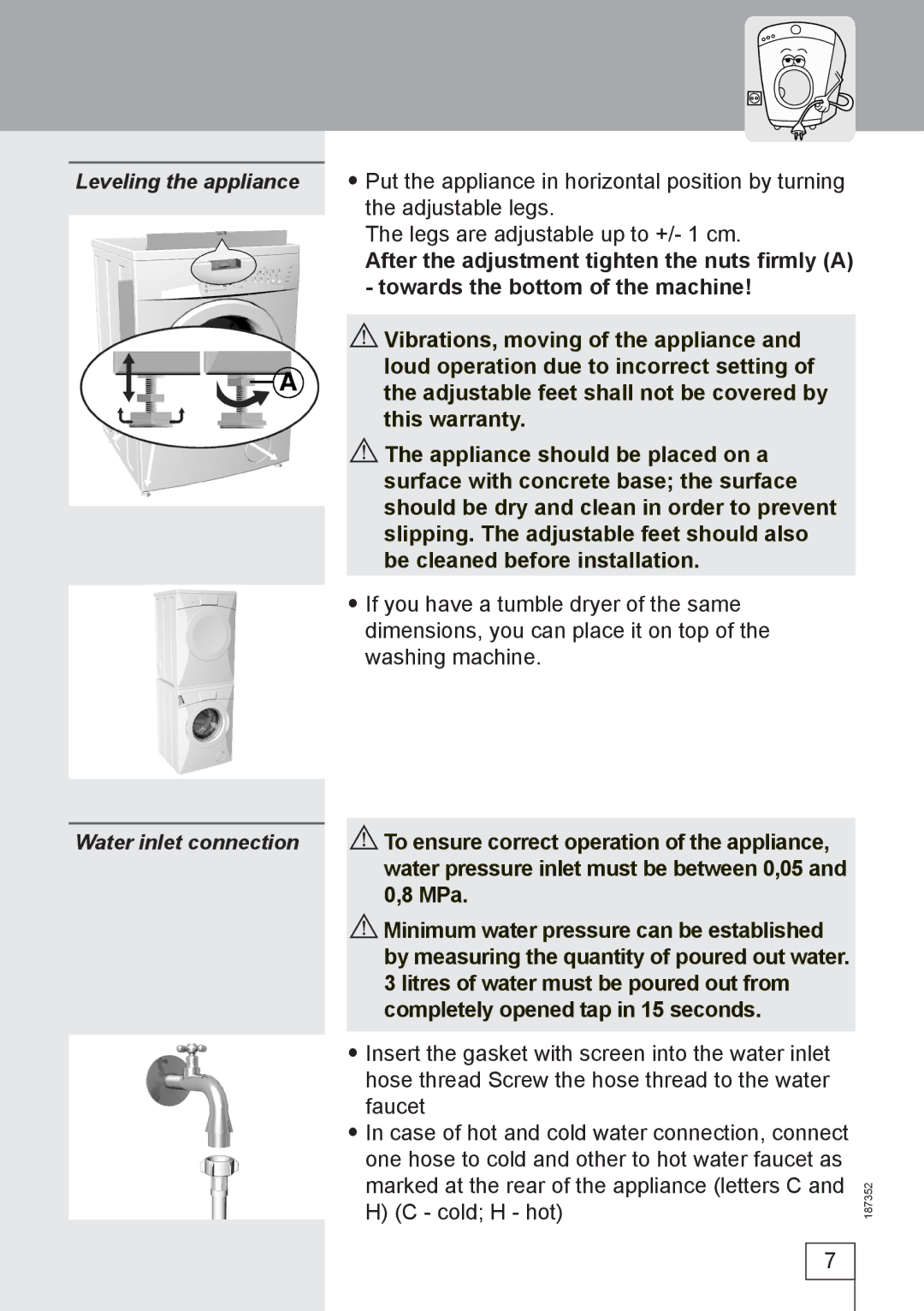 Smeg WM61121 manual Leveling the appliance Water inlet connection 