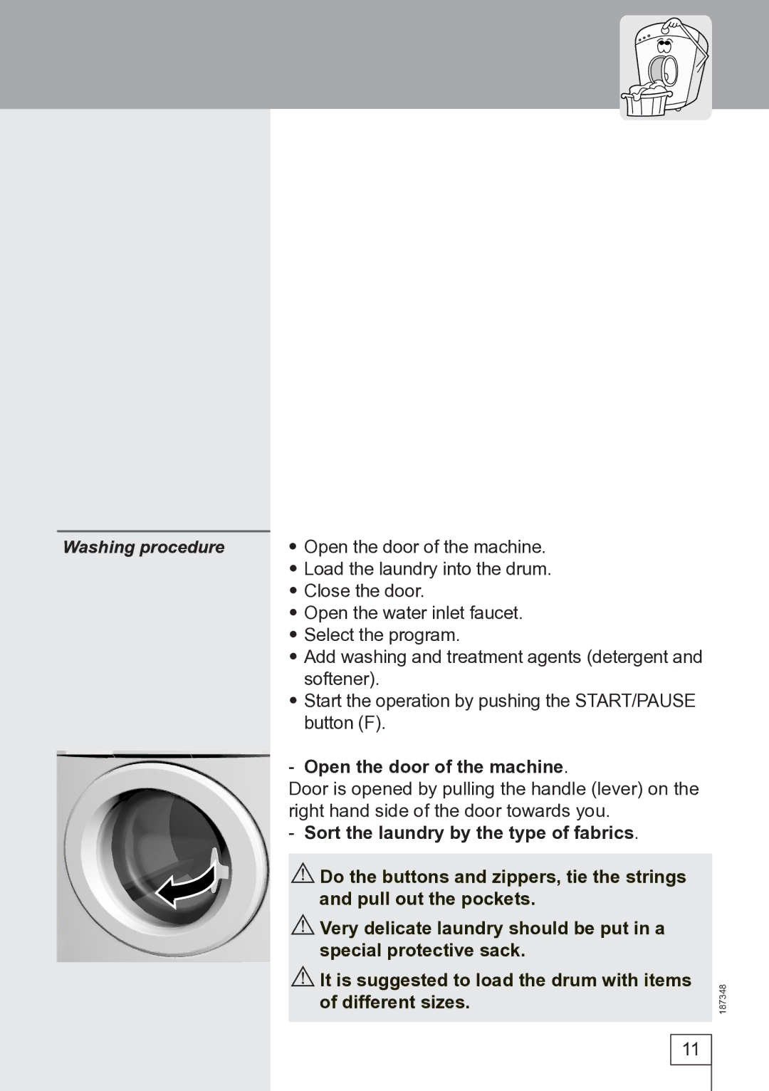 Smeg WM62141, WM62121 manual Washing procedure 