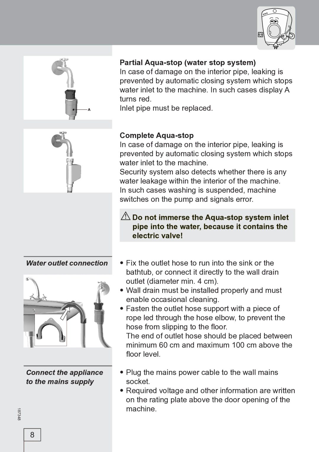 Smeg WM62121, WM62141 manual Partial Aqua-stop water stop system, Complete Aqua-stop 