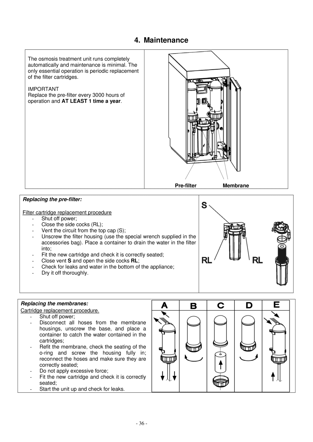 Smeg WO-01 manual Replacing the pre-filter, Replacing the membranes 