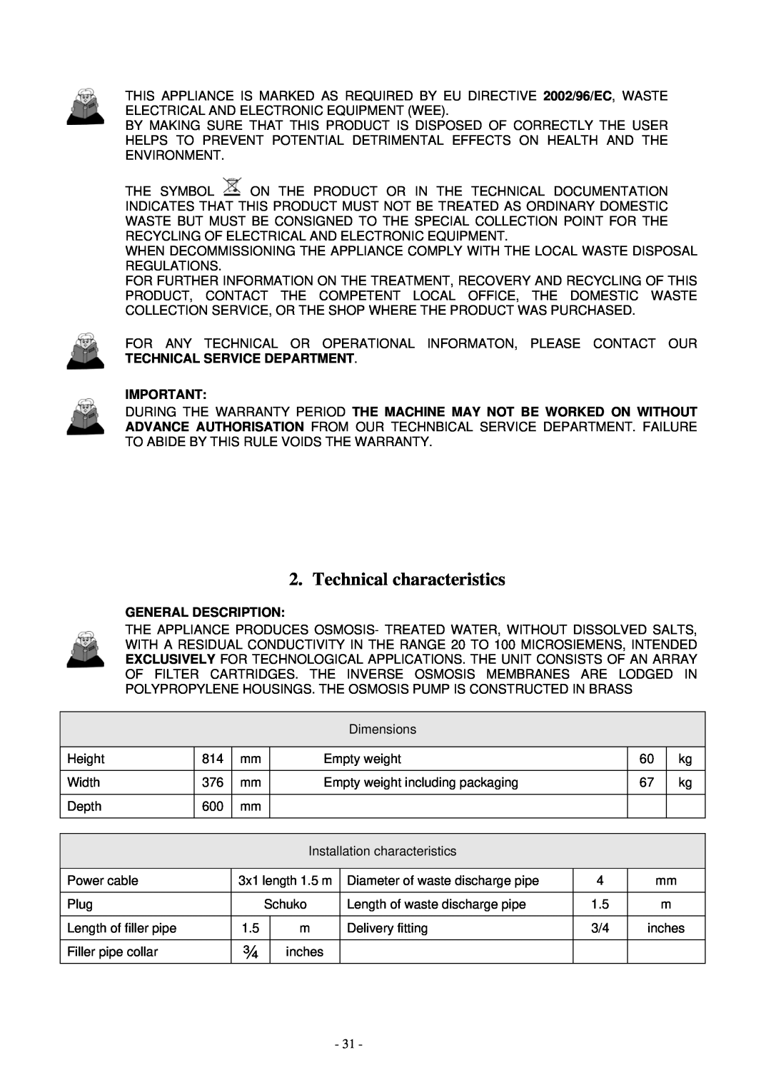 Smeg WO-01 manual Technical characteristics, General Description 