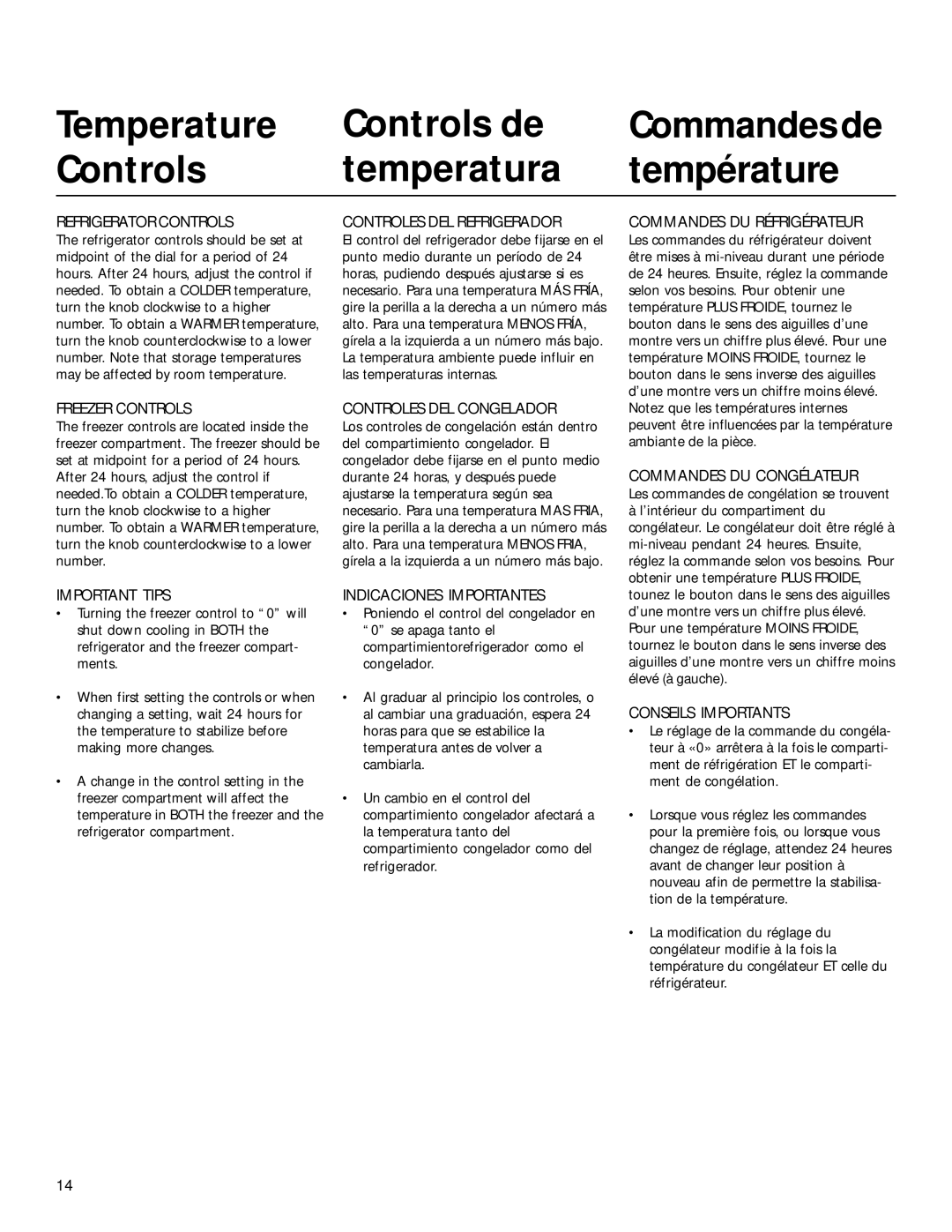 Smeg WRSR25V5A manual Temperature Controls de, Controls Temperatura Température 