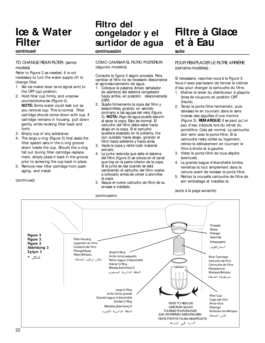 Smeg WRSR25V5A manual To Change Rear Filter some models, Pour Remplacer LE Filtre Arrière certains modèles, ¯À† å˜ yfd~ 