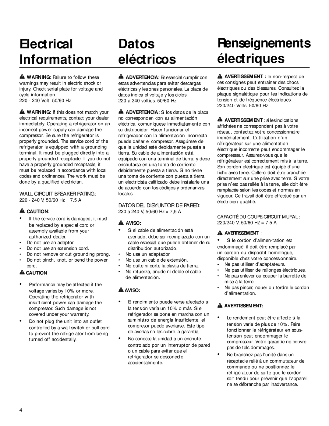 Smeg WRSR25V5A manual Electrical Datos, Information Eléctricos Électriques, Wall Circuit Breaker Rating 