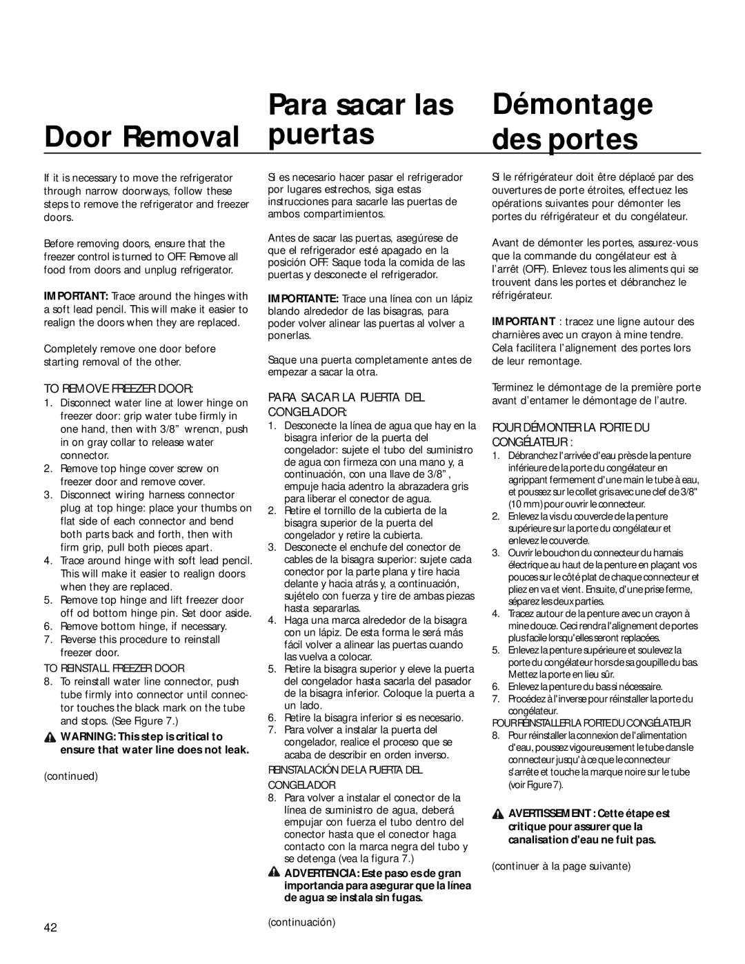 Smeg WRSR25V5A manual Para sacar las Démontage Door Removal puertas Des portes, To Remove Freezer Door 