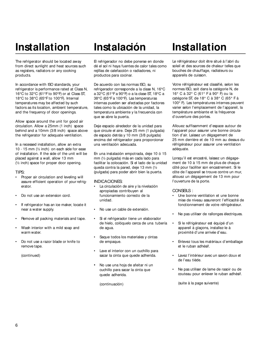 Smeg WRSR25V5A manual Installation Instalación Installation, Tips, Indicaciones, Conseils 