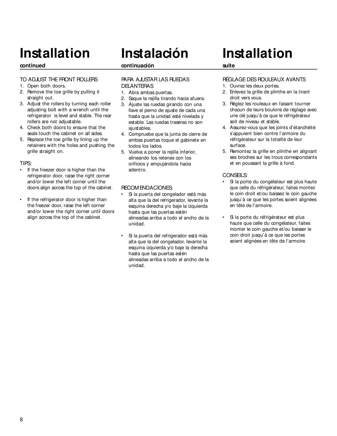 Smeg WRSR25V5A manual To Adjust the Front Rollers, Para Ajustar LAS Ruedas Delanteras, Recomendaciones 