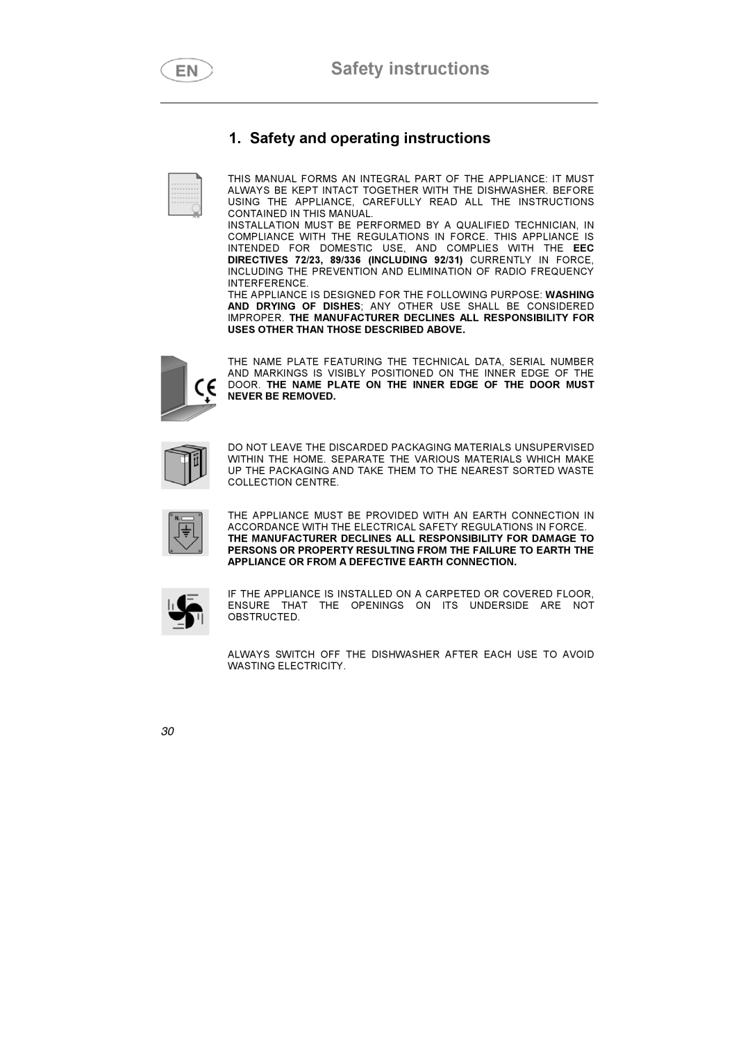 Smeg WT1123-1, WT112-1 instruction manual Safety instructions, Safety and operating instructions 