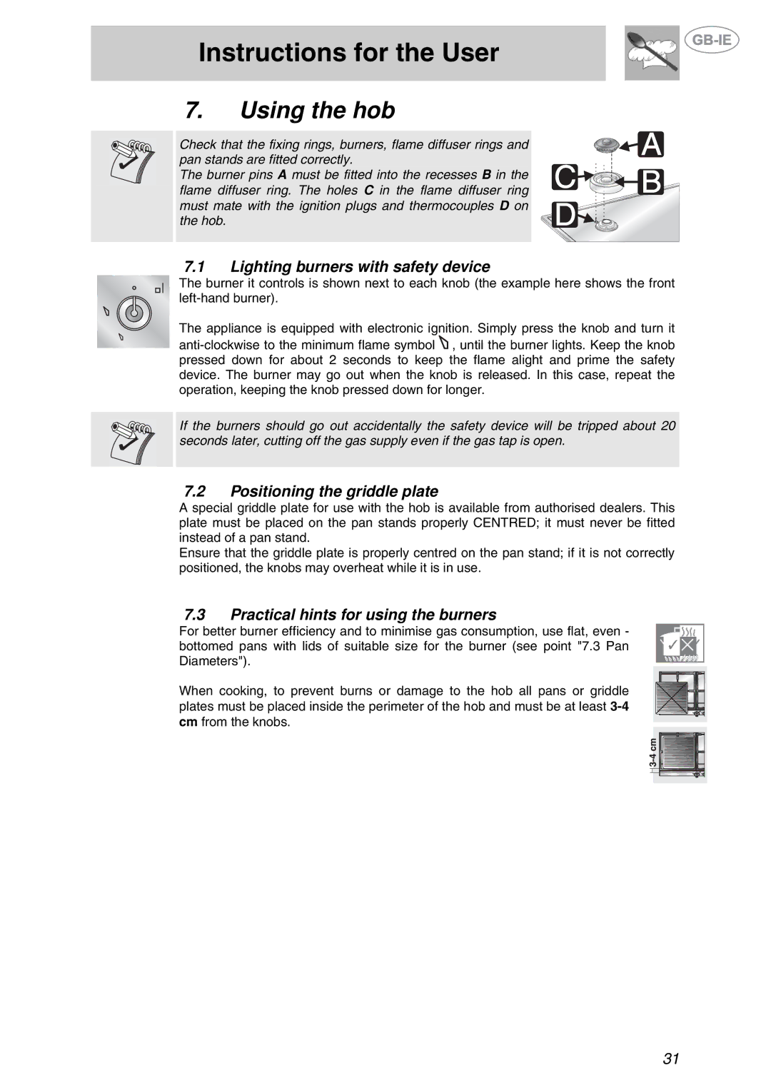 Smeg XXPTS725 manual Using the hob, Lighting burners with safety device, Positioning the griddle plate 