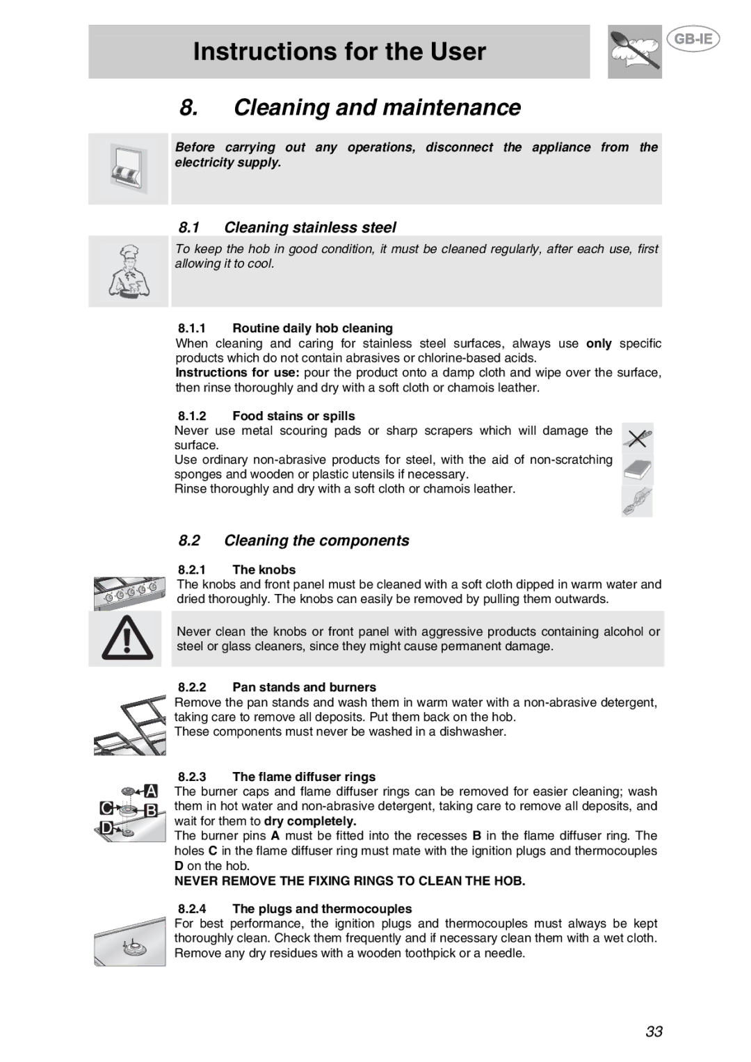 Smeg XXPTS725 manual Cleaning and maintenance, Cleaning stainless steel, Cleaning the components 