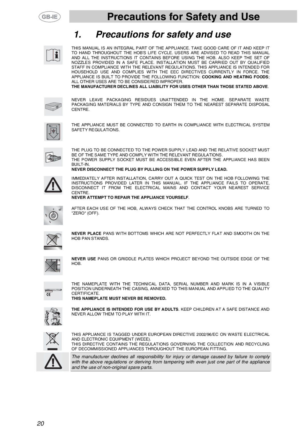 Smeg XXPTS725 manual Precautions for Safety and Use, Precautions for safety and use 