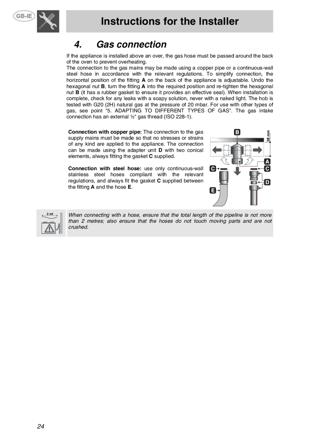 Smeg XXPTS725 manual Gas connection 