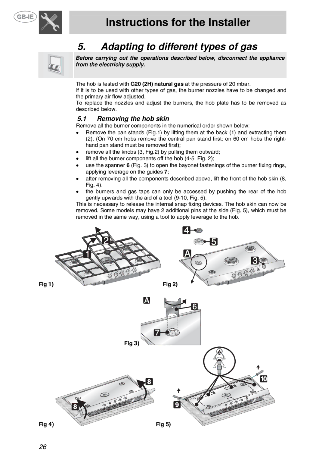 Smeg XXPTS725 manual Adapting to different types of gas, Removing the hob skin 