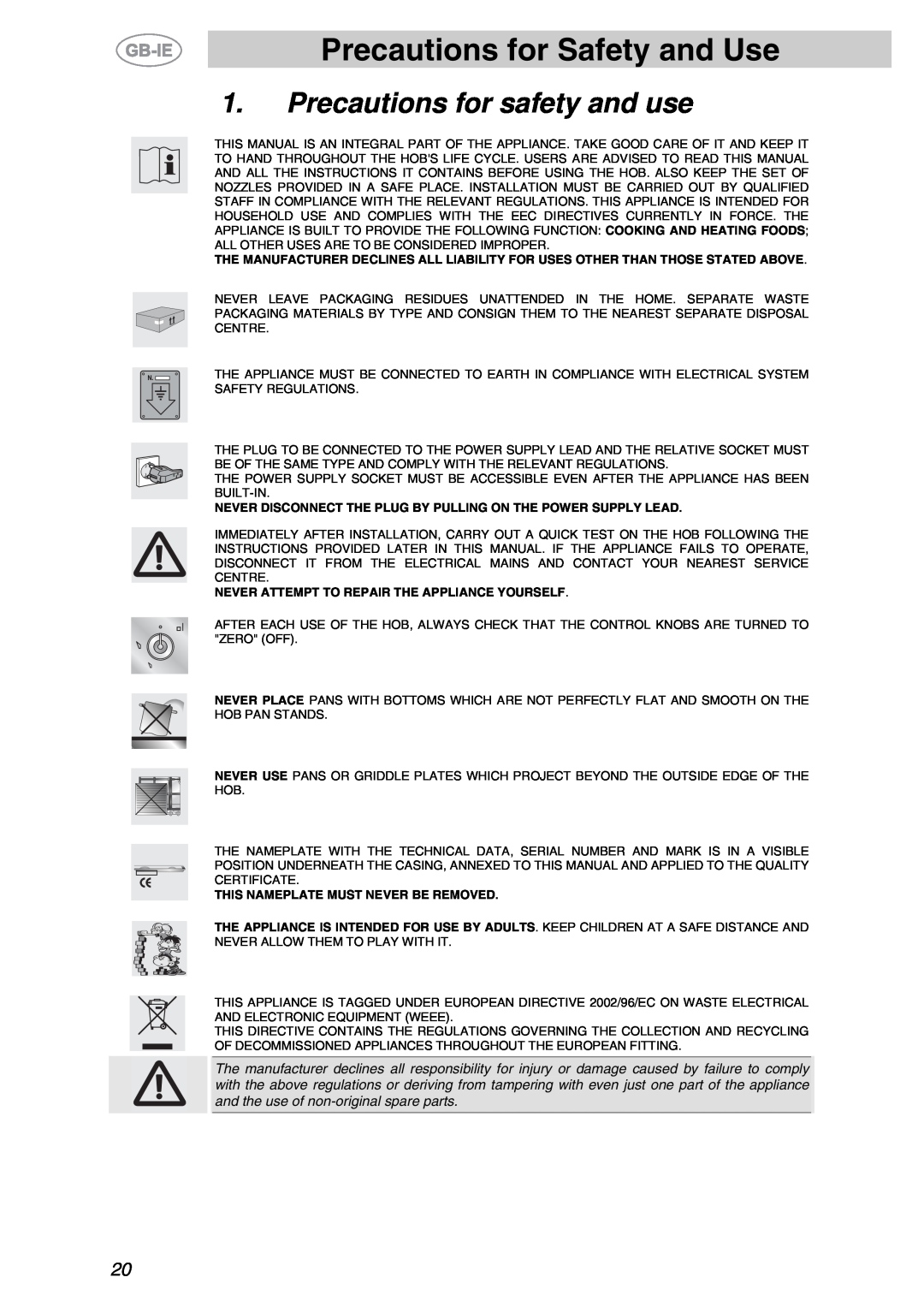 Smeg XXPTS725 manual Precautions for Safety and Use, Precautions for safety and use, This Nameplate Must Never Be Removed 