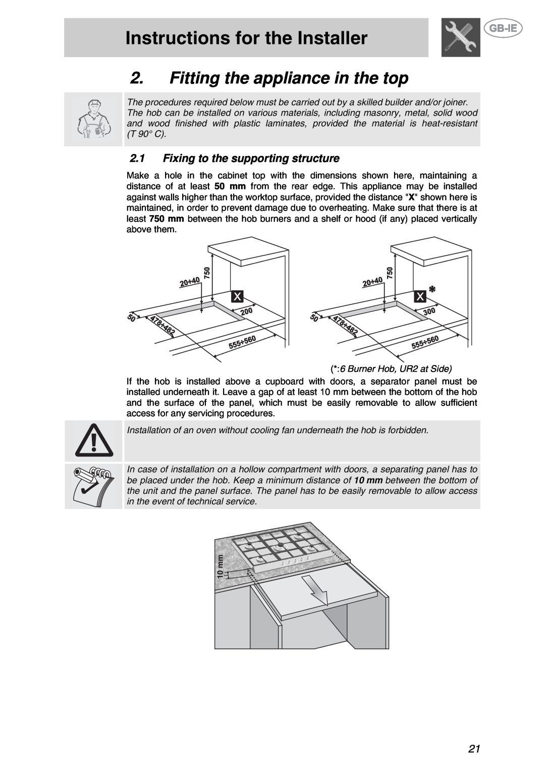 Smeg XXPTS725 manual Instructions for the Installer, Fitting the appliance in the top, Fixing to the supporting structure 