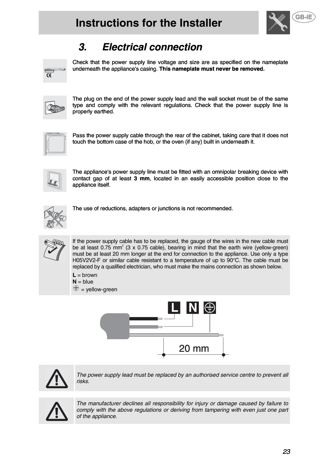 Smeg XXPTS725 manual Electrical connection, Instructions for the Installer 