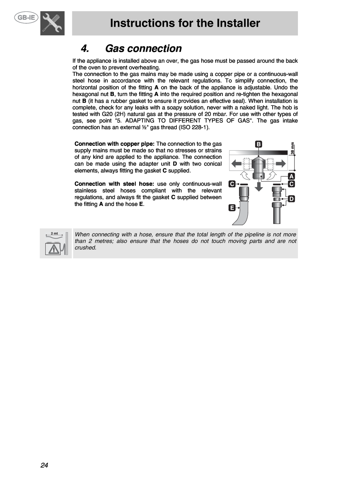 Smeg XXPTS725 manual Gas connection, Instructions for the Installer 