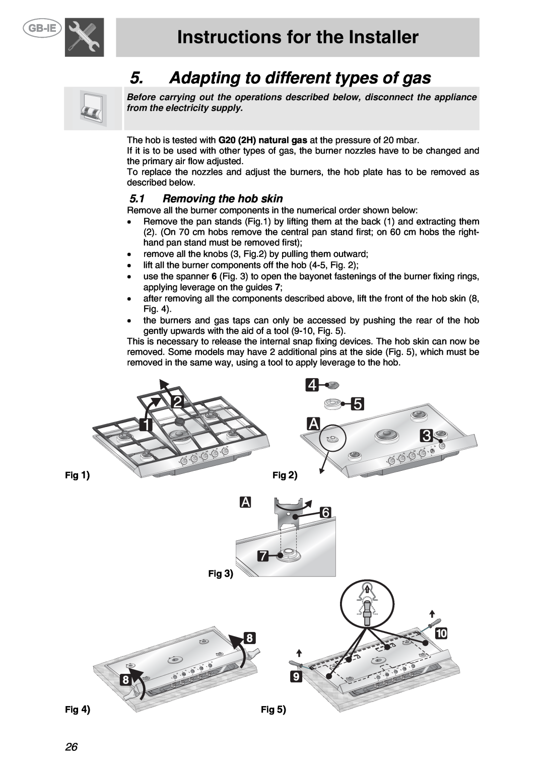 Smeg XXPTS725 manual Adapting to different types of gas, Removing the hob skin, Instructions for the Installer 