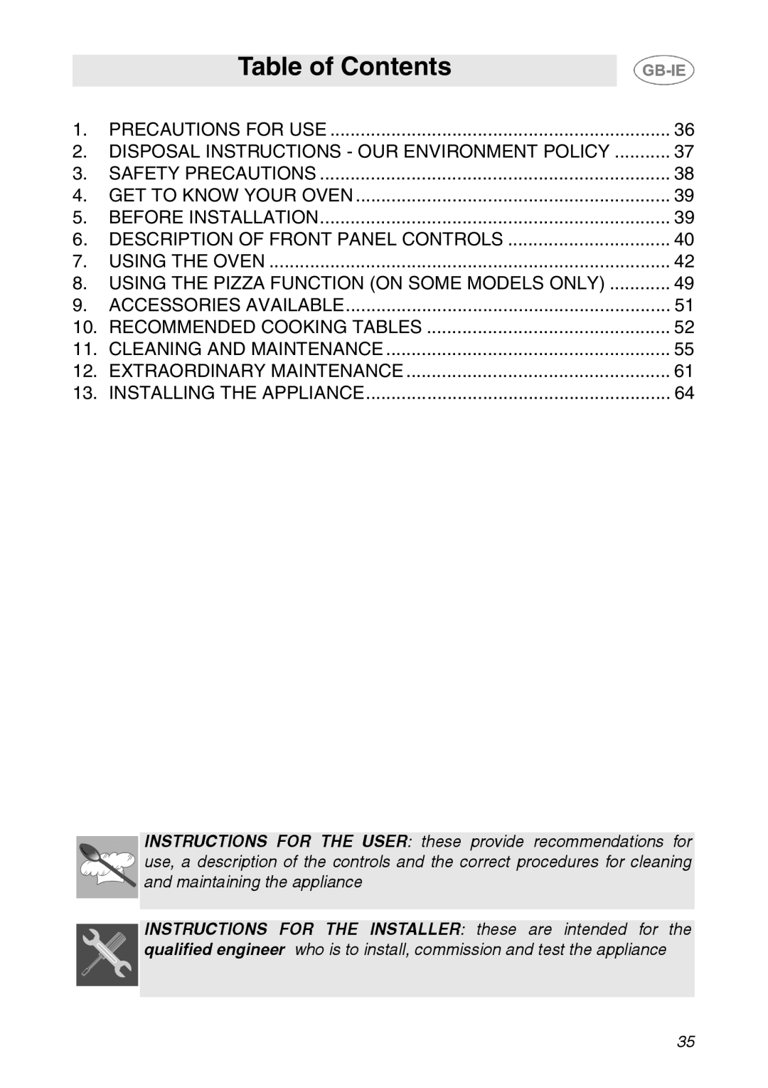 Smeg XXSC111P manual Table of Contents 