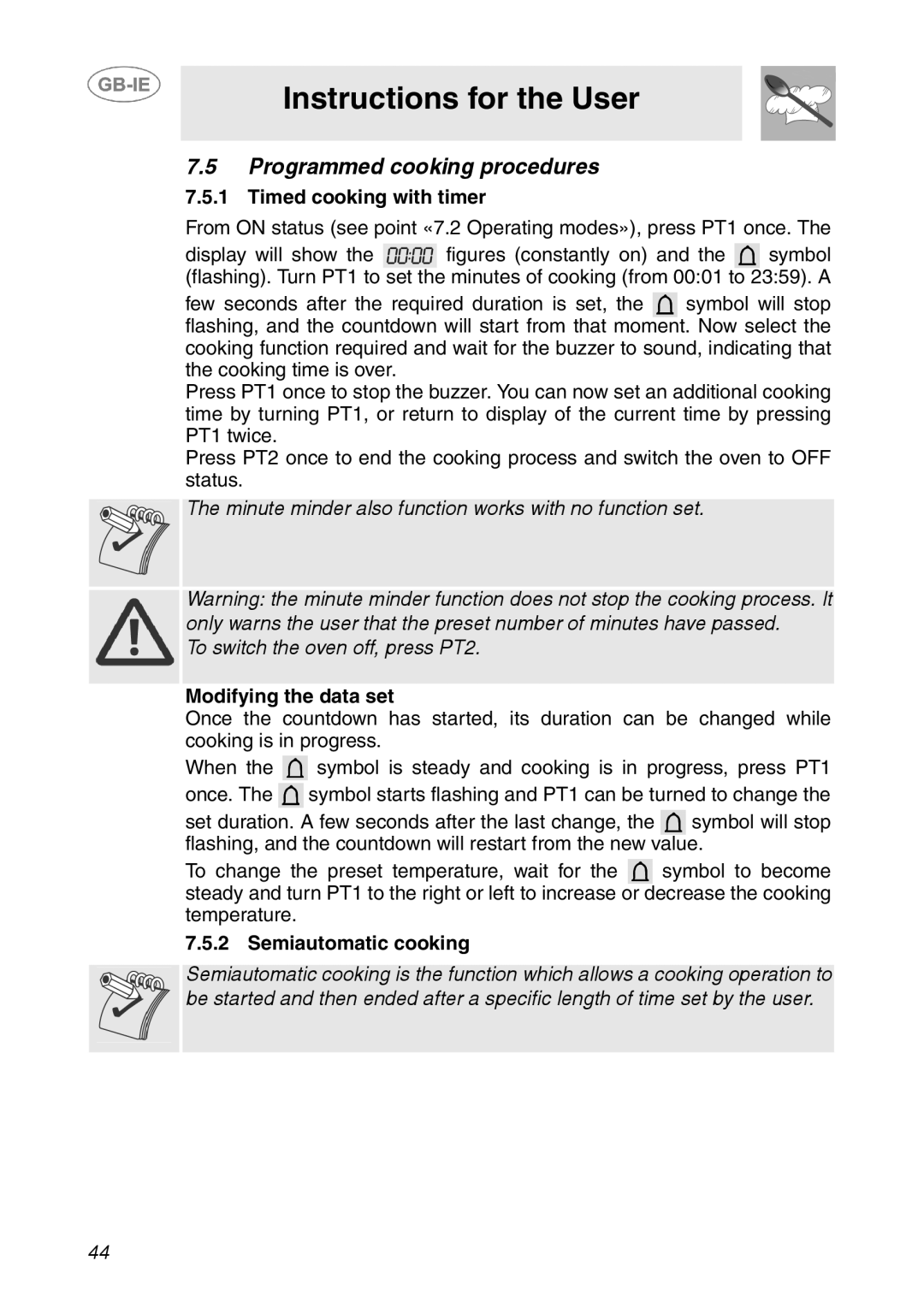 Smeg XXSC111P manual Programmed cooking procedures, Timed cooking with timer, Modifying the data set, Semiautomatic cooking 