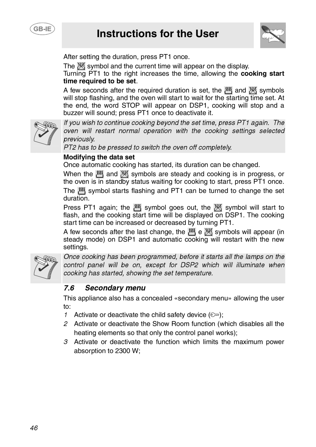 Smeg XXSC111P manual Secondary menu 