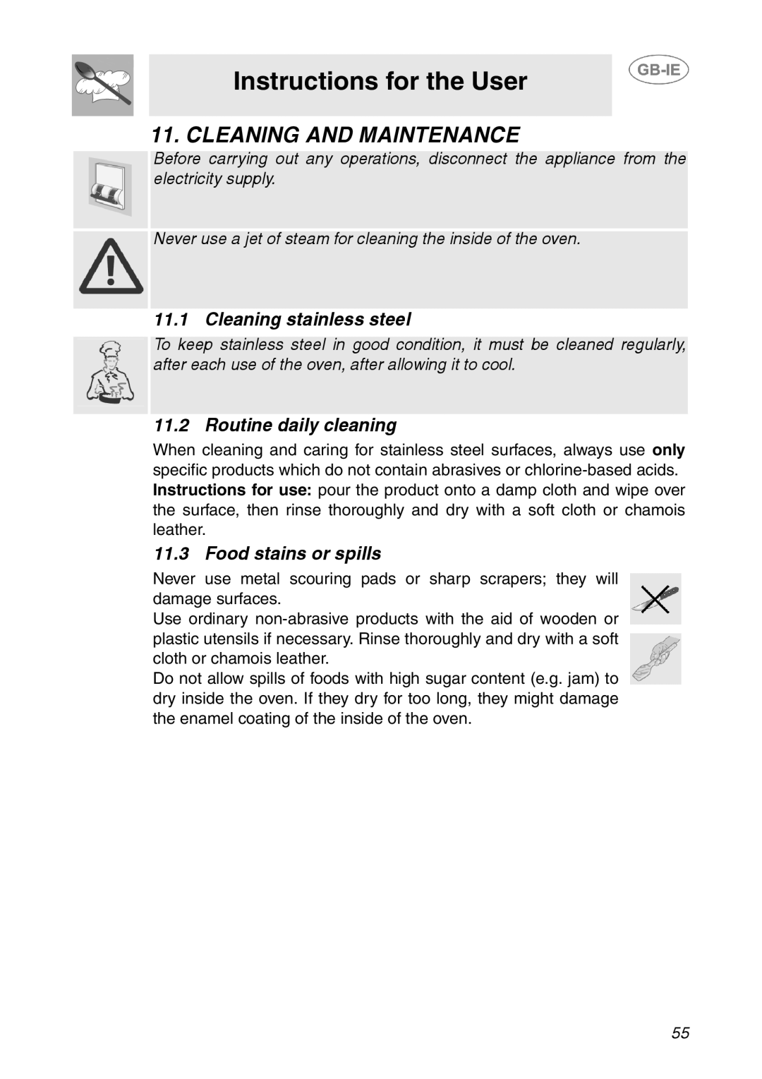 Smeg XXSC111P manual Cleaning and Maintenance, Cleaning stainless steel, Routine daily cleaning, Food stains or spills 