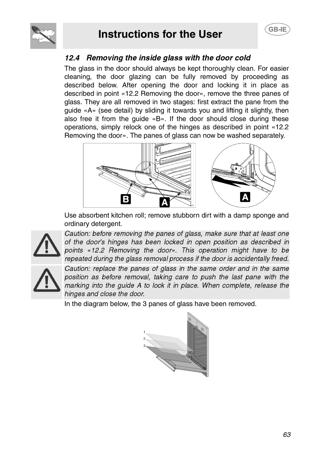 Smeg XXSC111P manual Removing the inside glass with the door cold 