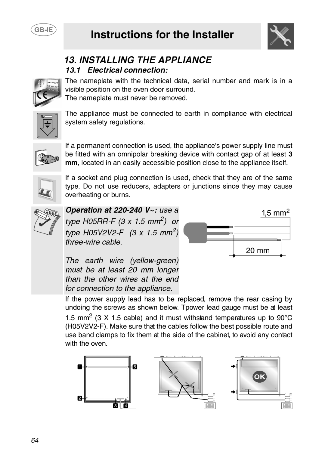 Smeg XXSC111P manual Installing the Appliance, Electrical connection, Operation at 220-240 V~ use a 