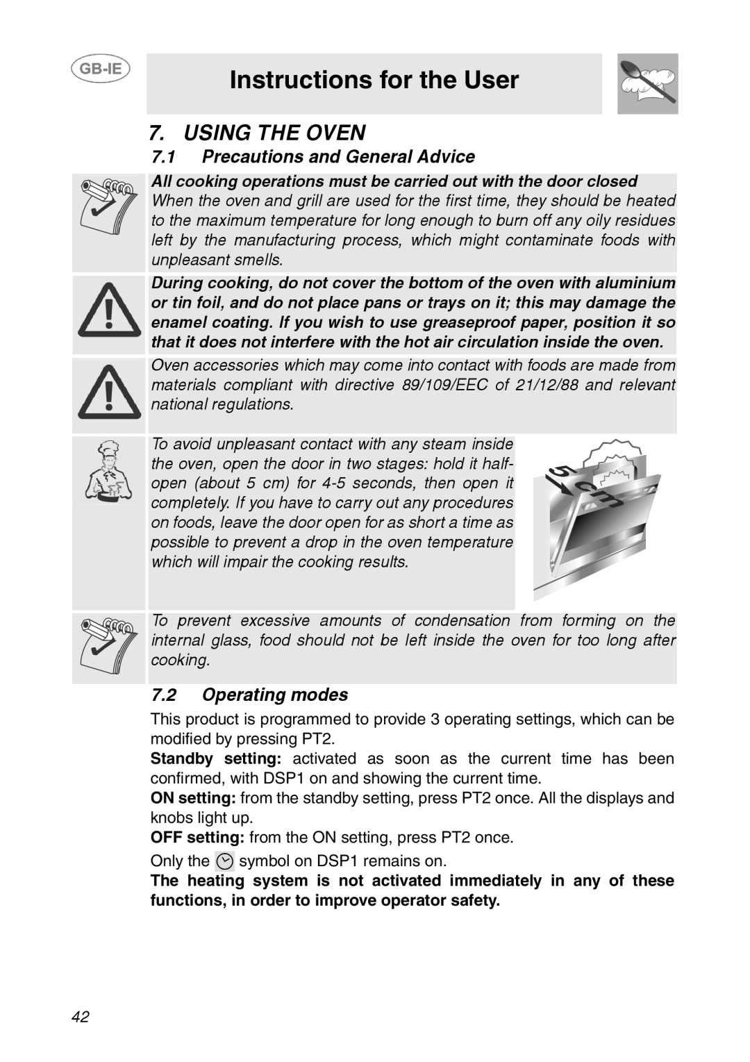 Smeg XXSC111P manual Using the Oven, Precautions and General Advice, Operating modes 