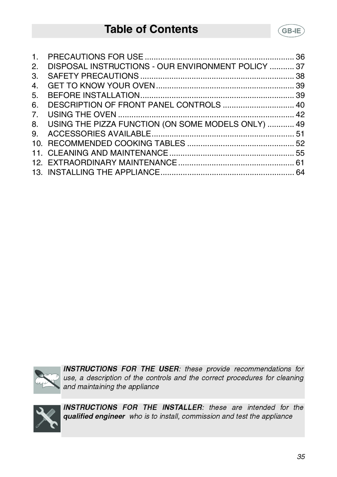 Smeg XXSC111P manual Table of Contents, Disposal Instructions - Our Environment Policy 