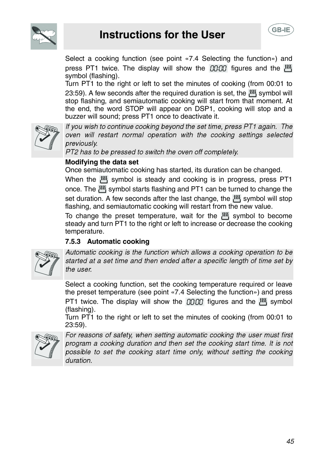 Smeg XXSC111P manual Automatic cooking, Instructions for the User, PT2 has to be pressed to switch the oven off completely 
