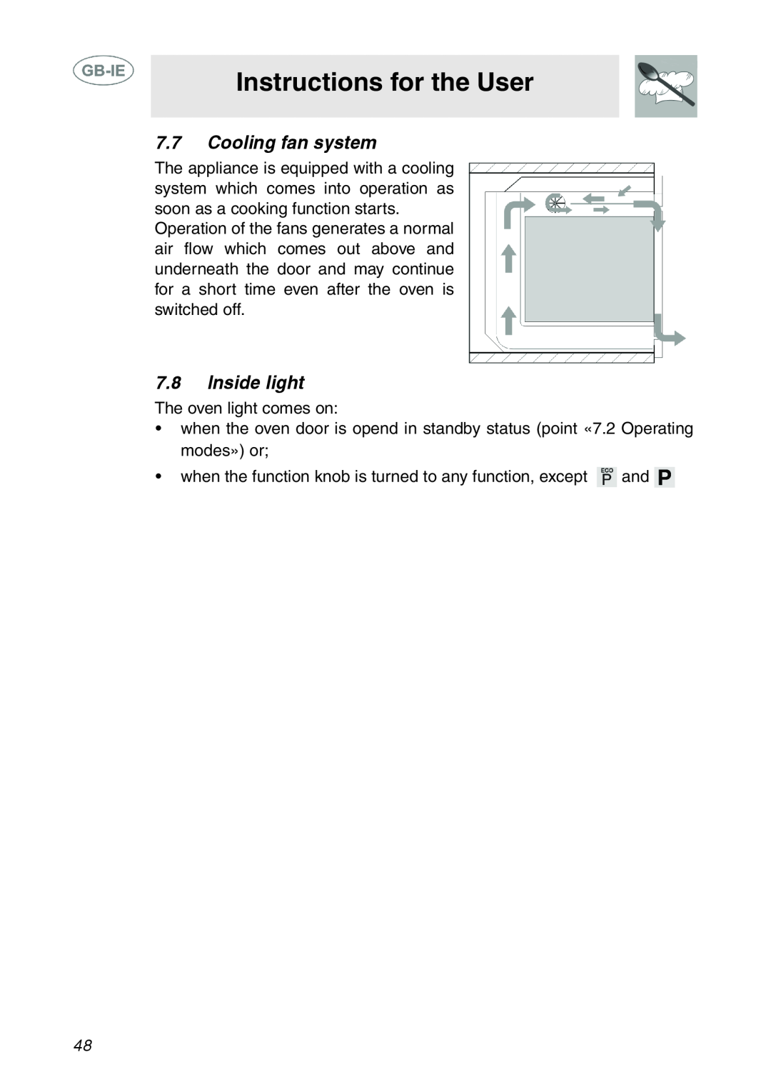 Smeg XXSC111P manual Cooling fan system, Inside light, Instructions for the User 