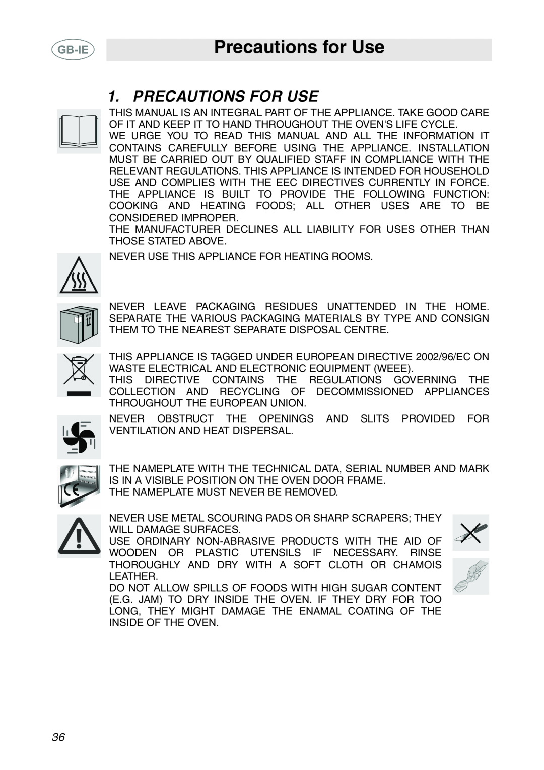 Smeg XXSC111P manual Precautions for Use, Precautions For Use 