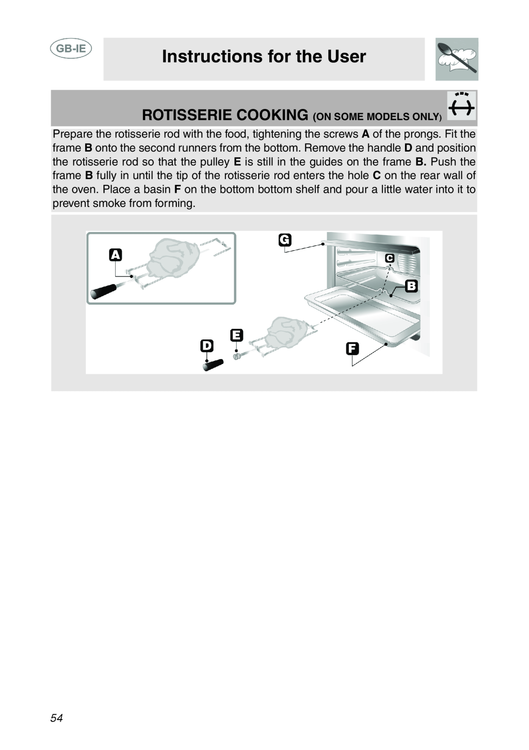 Smeg XXSC111P manual Instructions for the User, Rotisserie Cooking On Some Models Only 