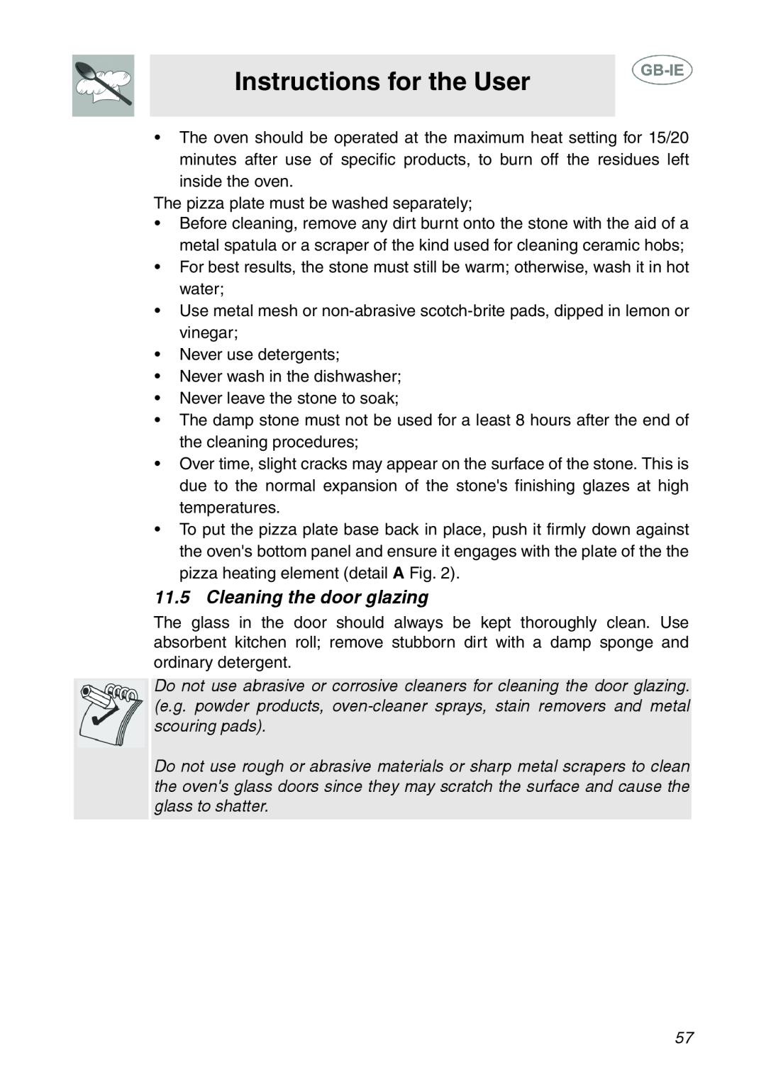 Smeg XXSC111P manual Cleaning the door glazing, Instructions for the User 