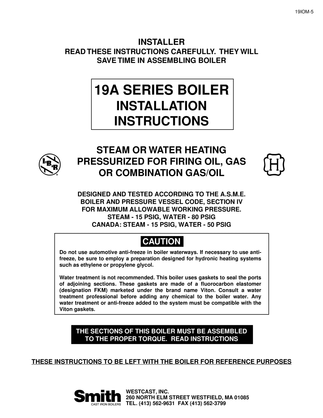 Smith Cast Iron Boilers 19A SERIES installation instructions 19A Series Boiler 