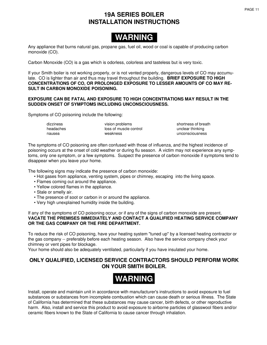 Smith Cast Iron Boilers 19A SERIES installation instructions Symptoms of CO poisoning include the following 