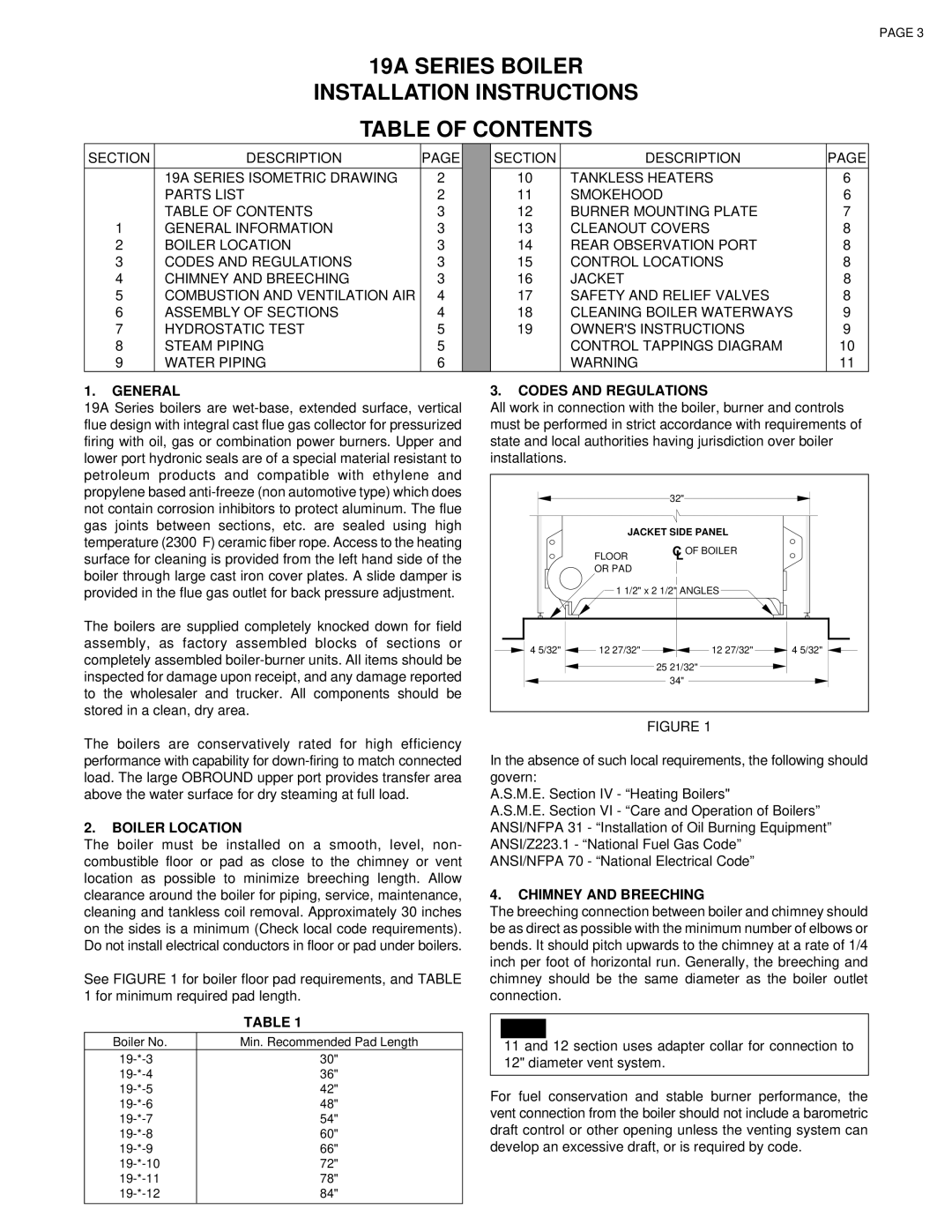 Smith Cast Iron Boilers 19A SERIES General, Boiler Location, Codes and Regulations, Chimney and Breeching 