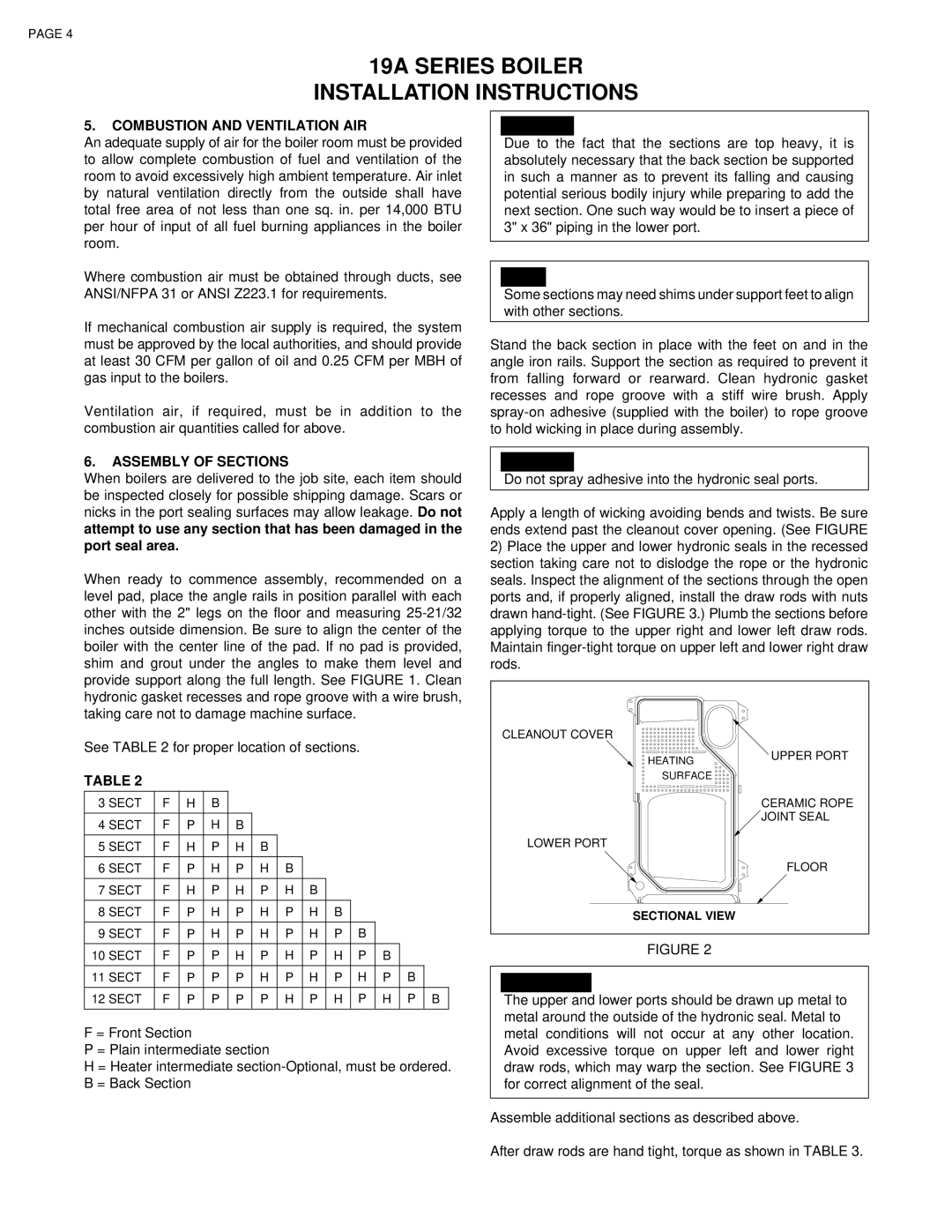 Smith Cast Iron Boilers 19A SERIES installation instructions Combustion and Ventilation AIR, Assembly of Sections 