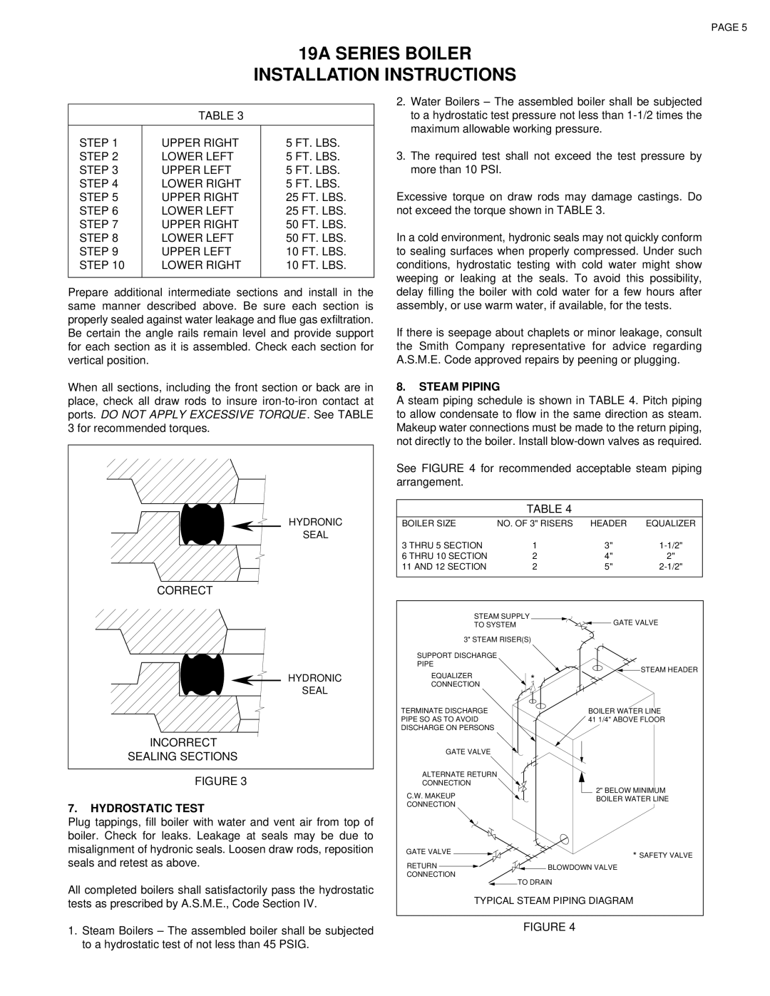 Smith Cast Iron Boilers 19A SERIES installation instructions Correct, Incorrect Sealing Hydrostatic Test, Steam Piping 