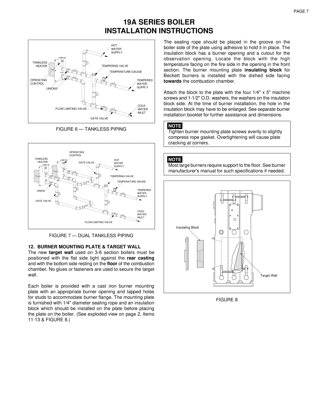 Smith Cast Iron Boilers 19A SERIES installation instructions Tankless Piping, Burner Mounting Plate & Target Wall 