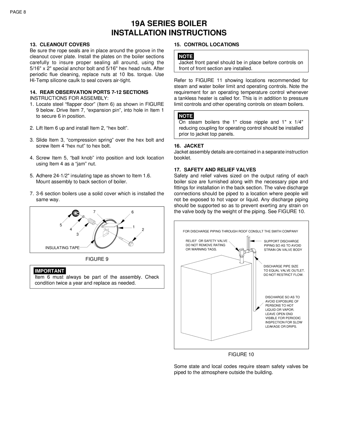 Smith Cast Iron Boilers 19A SERIES Cleanout Covers, Control Locations, Jacket, Safety and Relief Valves 